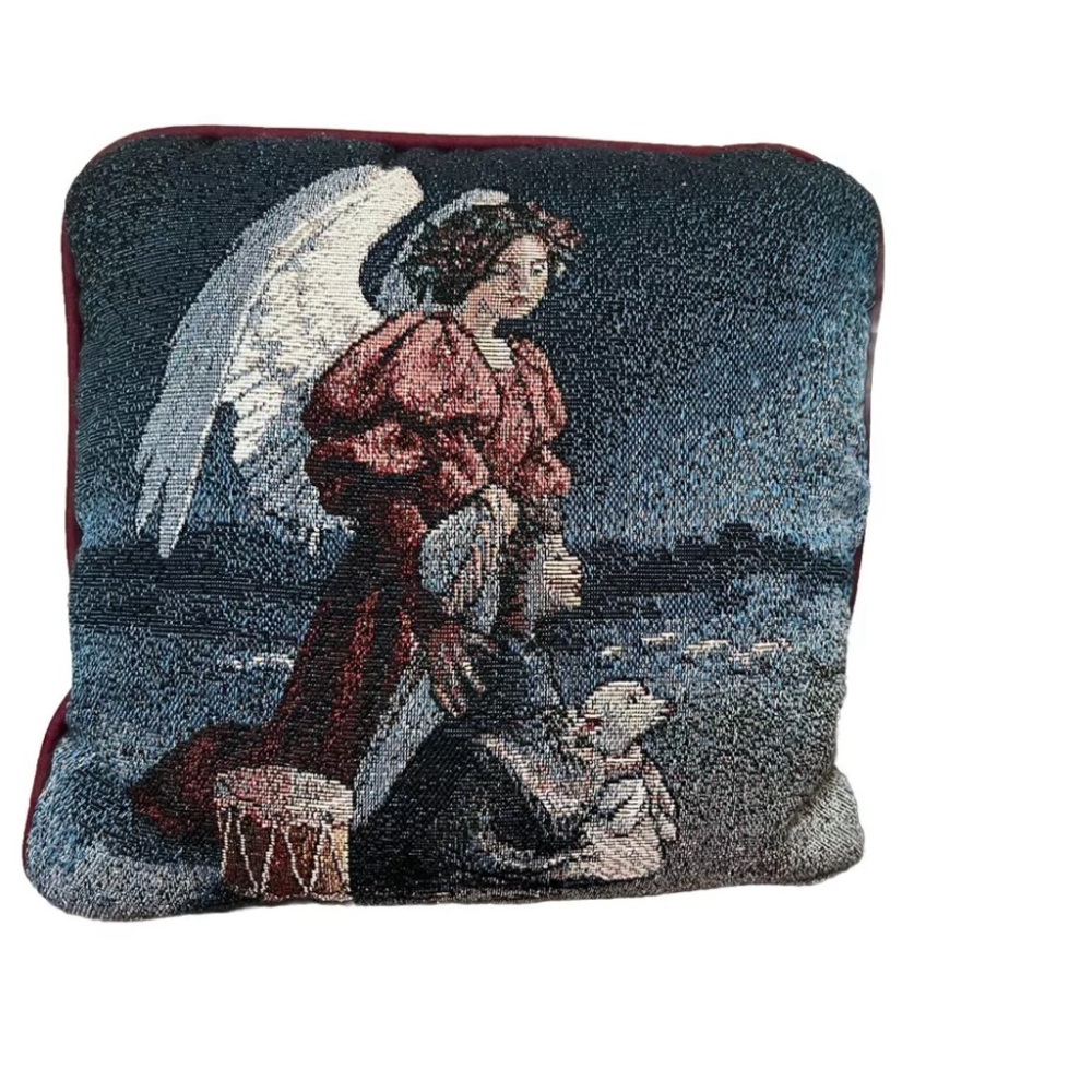 Square 10” Accent Pillow Needlepoint Guardian Angel Child Dog Prayer Night Sky